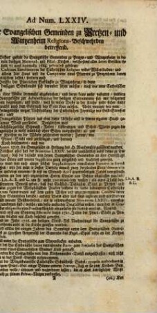 Ad Num. LXXIV. Derer Evangelischen Gemeinden zu Bretzen- und Wintzenheim Religions-Beschwehrden betreffend