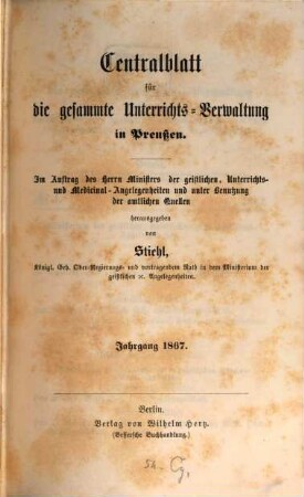 Zentralblatt für die gesamte Unterrichtsverwaltung in Preußen. 1867