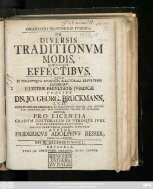 Dissertatio Inavgvralis Jvridica De Diversis Traditionvm Modis, Eorvmqve Effectibvs