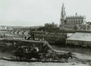 Dresden vom linken Elbufer unterhalb der Festungswerke : Dresden, Hofkirche, Latsfuhrwerk, Bellotto-Gemälde