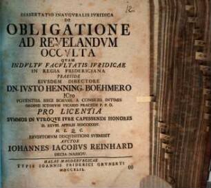 Dissertatio Inavgvralis Ivridica De Obligatione Ad Revelandvm Occvlta