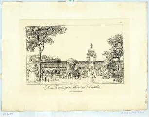 Der Zwinger in Dresden, Blick von der Ostraallee über den zugeschütteten Zwingergraben (Zwingeranlagen) auf das Kronentor, die Langgalerie und den Mathematisch-Physikalischen Pavillon