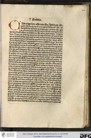Postilla. Cum ergo... Ante initium illius evangelii scribit sanctus Iohannes in eodem capitulo quod Iesus dixit Marie Magdalene Vade ad fratres meos...