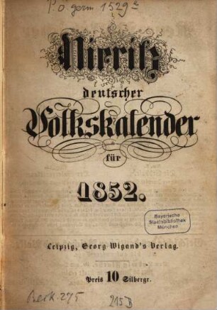 Deutscher Volkskalender. 1852 = N.F. 2
