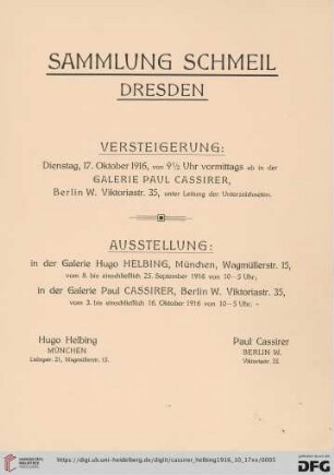 Ausstellung / Paul Cassirer ; Hugo Helbing: Sammlung Schmeil, Dresden : Versteigerung 17. Oktober 1916 in der Galerie Paul Cassirer, Berlin