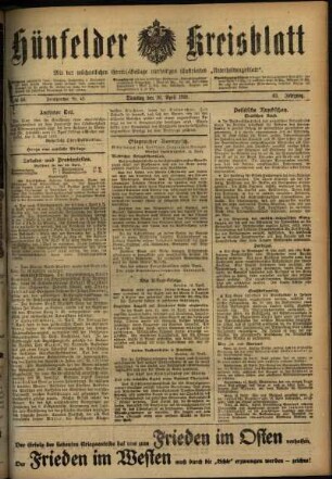 Erste Ausgabe vom Dienstag, den 16. April 1918.