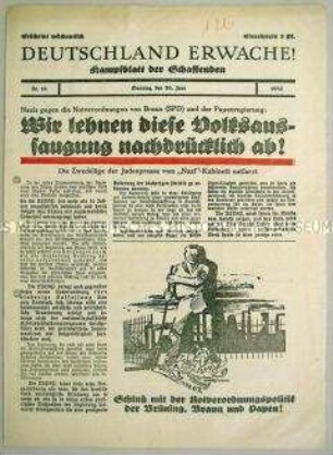 NS-Wochenblatt "Deutschland erwache!" mit scharfer Polemik gegen die Notverordnungen der Papen-Regierung und die SPD