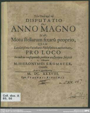 Disputatio de anno magno id est: Motu stellarum fixaru[m] proprio