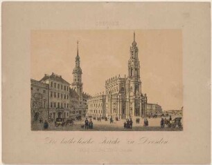 Der Schlossplatz in Dresden nach Südwesten mit der Katholischen Hofkirche, dem Residenzschloss und dem Georgenbau
