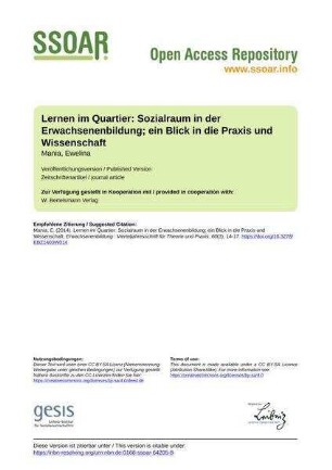 Lernen im Quartier: Sozialraum in der Erwachsenenbildung; ein Blick in die Praxis und Wissenschaft