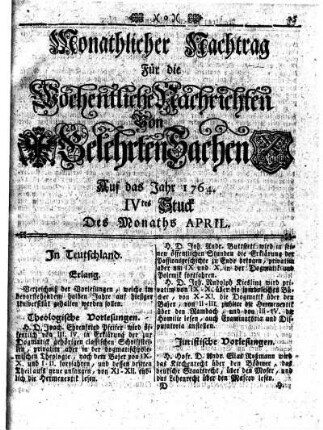 Monathlicher Nachtrag [...] Auf das Jahr 1764. IVtes Stuck Des Monaths April