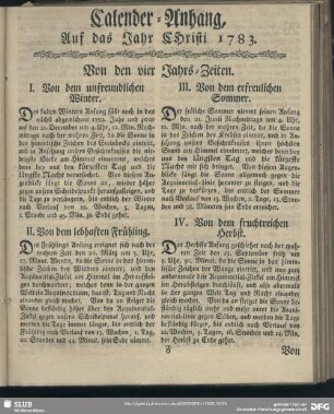 Calender-Anhang Auf das Jahr Christi 1783