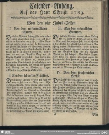 Calender-Anhang Auf das Jahr Christi 1783