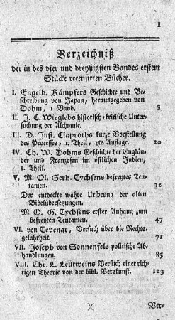 Verzeichniß der in des vier und dreyßigsten Bandes erstem Stücke recensirten Bücher.