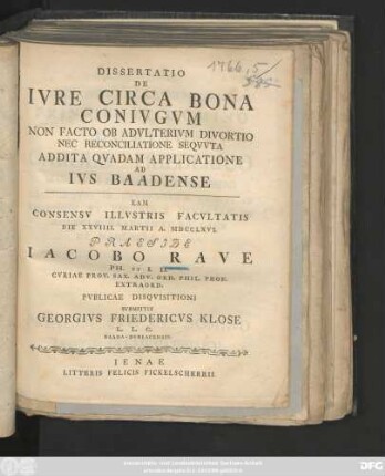 Dissertatio De Ivre Circa Bona Conivgvm Non Facto Ob Advlterivm Divortio Nec Reconciliatione Seqvvta : Addita Qvadam Applicatione Ad Ivs Baadense