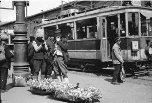 Bukarest, Straßen- und Marktleben in Bukarest: Orangenverkäufer an der Haltestelle