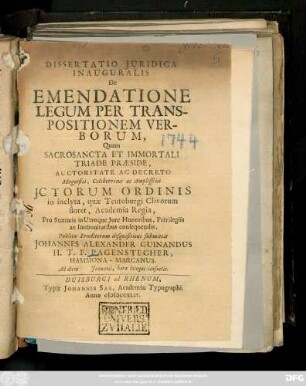 Dissertatio Juridica Inauguralis De Emendatione Legum Per Transpositionem Verborum