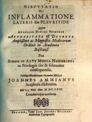 Disp. de inflammatione lateris, seu pleuritide