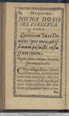 Nona Dosis Ex Versiculo Nono. Quoniam Tu es Domine Spes mea, altissimum posuisti refugium tuum