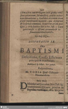 Disputatio IX. De Baptismi Definitione, Caussa Efficiente principali & Ministeriali
