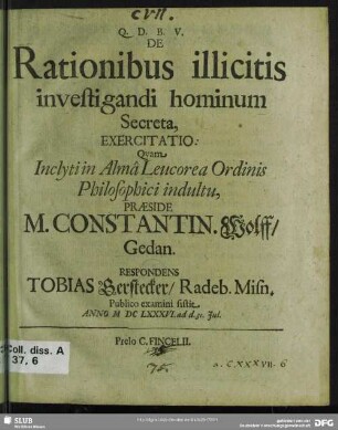 De Rationibus illicitis investigandi hominum Secreta, Exercitatio