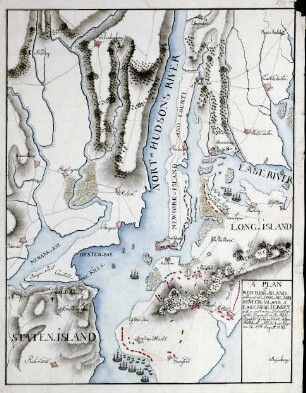 WHK 28 Nordamerikanische Kriege von 1775-1782: Plan von New York mit Teilen von Long Island, Staten-Island und East New Jersey mit der Beschreibung der Auseinandersetzungen auf den Woody Heights of Long Island am 27. August 1776