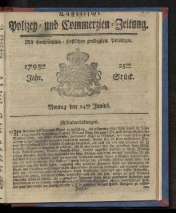 25tes Stueck, Montag den 24ten Junius. 1793