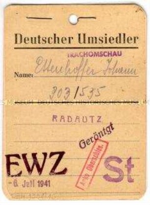 Kennkarte für deutsche Umsiedler aus der Bukowina in das Reichsgebiet