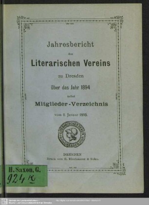 1894: Jahresbericht des Literarischen Vereins zu Dresden ... über die Jahre nebst Mitglieder-Verzeichnis