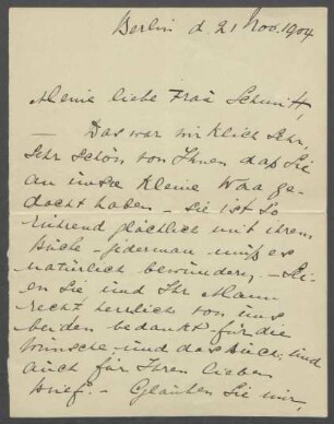 Brief von Benjamine Kolbe an Charlotte Schmitt