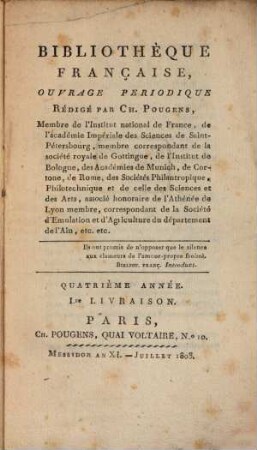Bibliothèque française : ouvrage périodique. 4. 1803, 1 = Juli