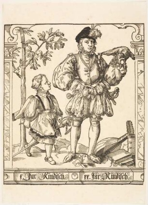 Das Kind mit dem Steckenpferd (X Jar kindisch), ein junger Mann mit dem Falken auf der Faust (XX Jar rindisch)