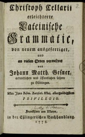 Christoph Cellarii erleichterte lateinische Grammatic