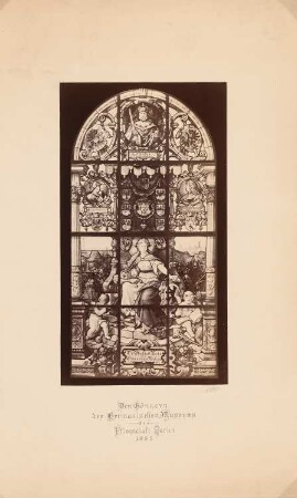 Fenster, Nürnberg: Fensterstiftung für das Germanische Museum, Nürnberg. Fenster im unteren Bereich datiert »Die Pflegschaft Berlin dem Germanischen Museum 1882«