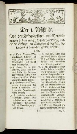 Der 1. Abschnitt. Von den Kriegsgesetzen und Verordnungen in dem russisch kaiserlichen Reiche, welche die Gränzen der Kriegsgerichtbarkeit, besonders in peinlichen Fällen, bestimmen.