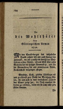 An die Wohlthäter der Göttingischen Armen. 1792.