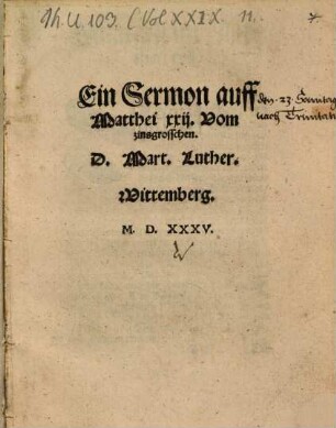 Ein Sermon auff Matthei xxij. Vom zinsgrosschen