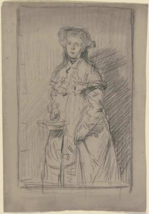 Luise Scholderer in Mantel und Hut, stehend
