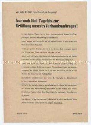 Propagandaflugblatt der FDJ Leipzig zur Erfüllung des Verbandsauftrages 1952