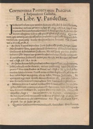 Controversiae Pandectarum Praecipuae a Respondente Collectae. Ex Libr. V. Pandectar.