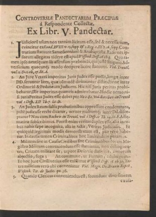 Controversiae Pandectarum Praecipuae a Respondente Collectae. Ex Libr. V. Pandectar.