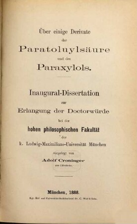 Über einige Derivate der Paratoluylsäure und des Paraxylols : Inaug.-Diss.