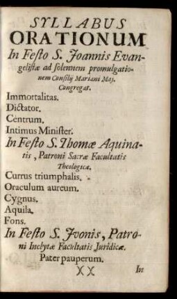 Syllabus Orationum