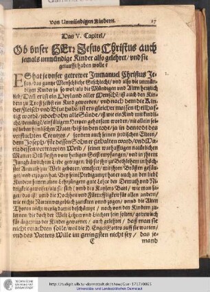 Das V. Capitel / Ob unser HErr Jesus Christus auch jemals umündige Kinder also gelehret / und sie getaufft haben wolle?
