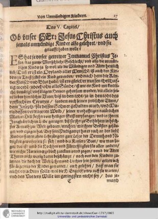 Das V. Capitel / Ob unser HErr Jesus Christus auch jemals umündige Kinder also gelehret / und sie getaufft haben wolle?