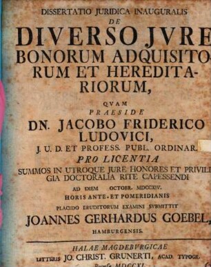 Dissertatio iuridica inauguralis de diverso iure bonorum adquisitorum et haereditariorum