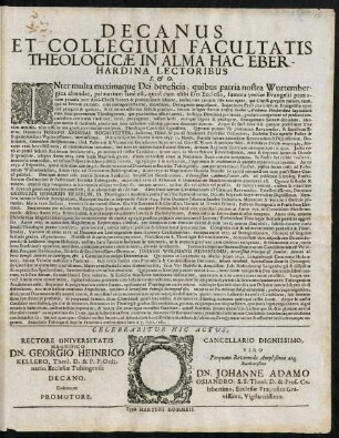 Decanus Et Collegium Facultatis Theologicae In Alma Hac Eberhardina, Lectoribus S. & O.