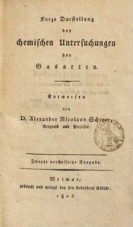 Kurze Darstellung der chemischen Untersuchungen der Gasarten