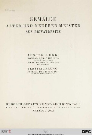 Nr. 2092: Katalog / Rudolph Lepke's Kunst-Auctions-Haus, Berlin: Gemälde alter und neuerer Meister aus Privatbesitz : 21. Juni 1935
