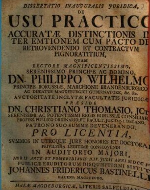 Dissertatio Inauguralis Juridica De Usu Practico Accuratæ Distinctionis Inter Emtionem Cum Pacto De Retrovendendo Et Contractvm Pignoratitium